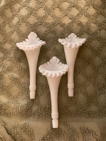 Fenton White Milk Glass Hobnail Epergne Trumpet Horn Ruffled Flower Vase Set 3
