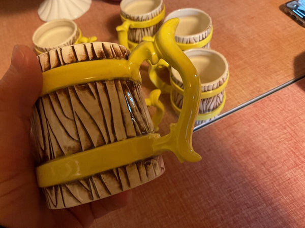 Vintage Set of 6 yellow band Barrel Ceramic Mugs cups  brown Wood Grain