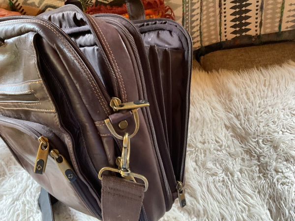 Samsonite Brown Thick  Soft Leather Briefcase Travel Bag Computer VTG