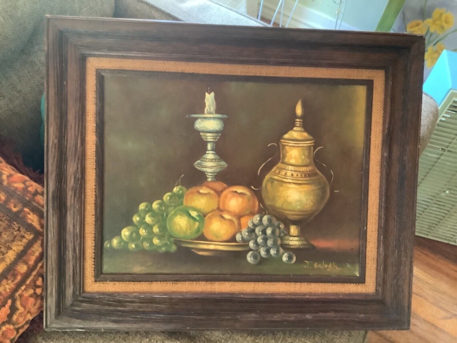 Vtg Framed frame Oil on Canvas Still Life Compote of Fruit vase signed J. Balugh