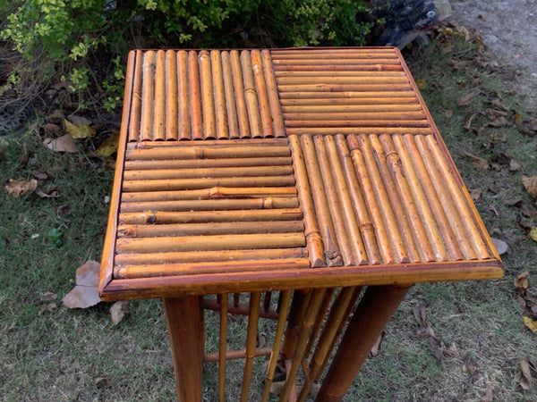 Vintage Boho Coastal Rattan wicker wood Bamboo Plant Stand Pedestal Table mcm