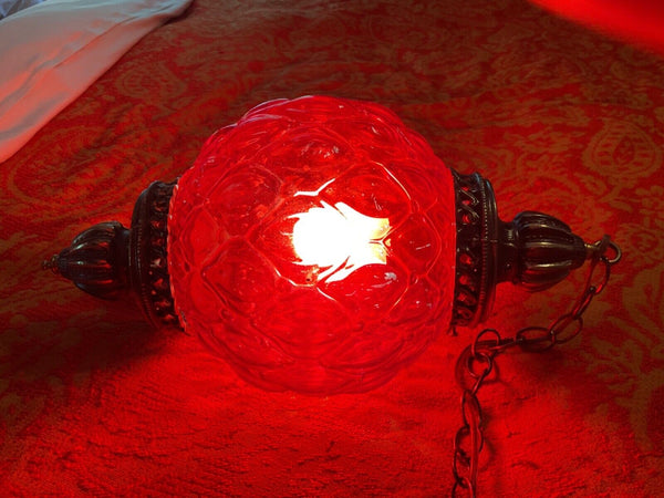 Vintage MCM Ruby Red Glass Hanging Swag Lamp mid century modern retro quilted