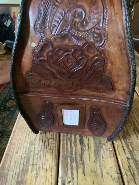 VINTAGE NICE BOWLING BALL BAG HAND TOOLED LEATHER BROWN with ball and shoes