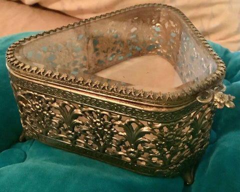 Brass Glass Jewelry Trinket Box Vintage Floral Ornate Hinged Legs chest gold