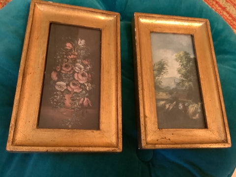 Vintage pair wood gold gilt pictures made in Italy Fomerz Flowers scenic