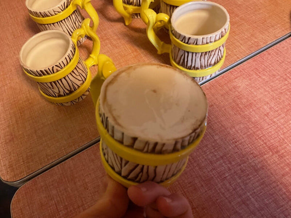 Vintage Set of 6 yellow band Barrel Ceramic Mugs cups  brown Wood Grain