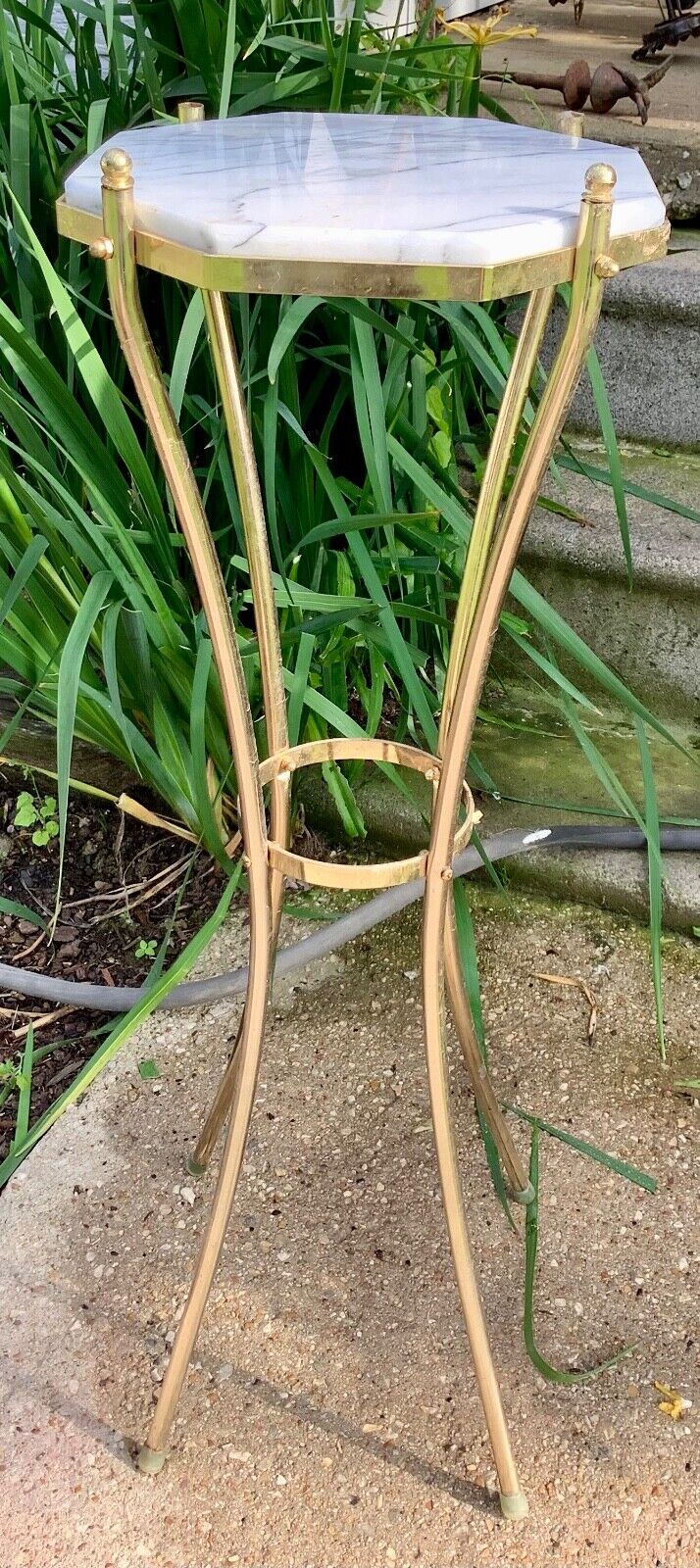 Marble Brass gold  Plant Stand Pedestal Table  Hollywood Regency Vtg Plantstand