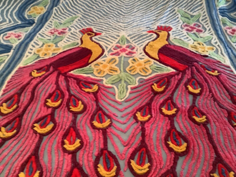 Vintage red pink Blue Peacock & Flowers  Chenille Bedspread  Flaws