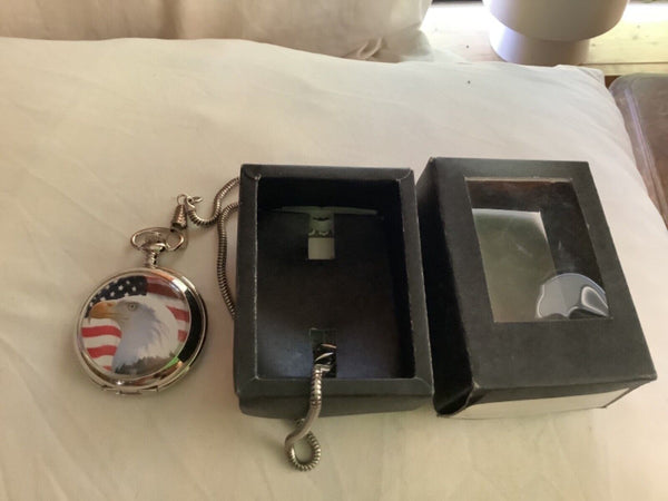 NEW Hanslin Quarts Pocket Watch Chain New in box eagle Flag silver tone