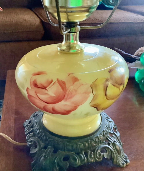 Vtg Victorian Gone With the Wind Hurricane Amber Double Globe Rose Parlor Lamp