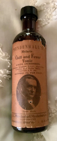 Vtg Mendenhall's Malaria Chill and Fever Tonic Amber Glass Bottle label full