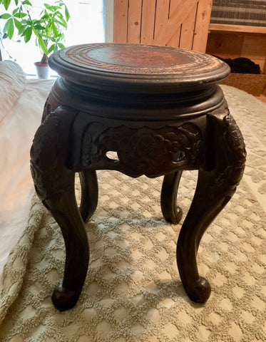 Vtg Japan Asian Carved Wood Black Ebonized Plant Stand Side Table