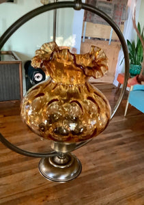 VTG amber Glass Coin Pattern lamp SHADE globe Hanging Light ceiling fixture