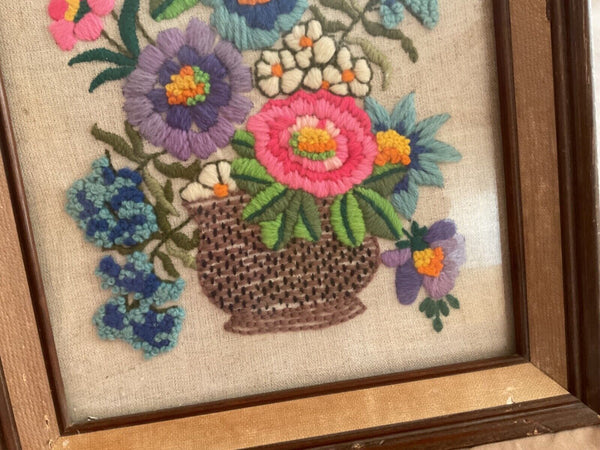 Vintage Bright Floral Bouquet Needlepoint Crewel Cross Stitch Framed Wall Art