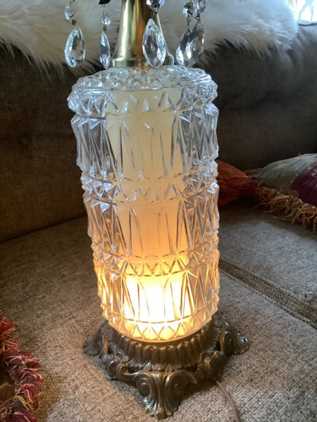 Vtg mid century Crystal cut glass Cylinder Table desk Lamp Hollywood Regency
