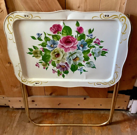 1 one Vintage  Metal TV Tray with Folding Legs Floral Roses mid century modern