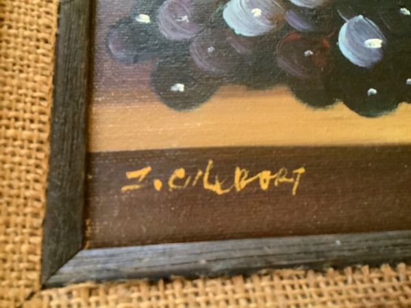 Vintage Framed frame Oil on Canvas Still Life Compote of Fruit vase signed