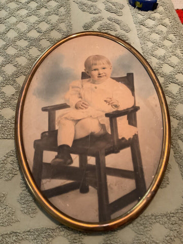 Antique Oval Brass Frame no Bubble Glass Vintage child Photo photograph