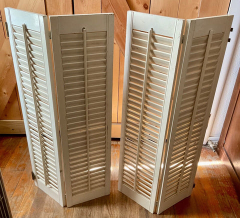 Vtg pair painted Wood Louver Window Shutters Salvage Shabby Chic Wooden 4 panels