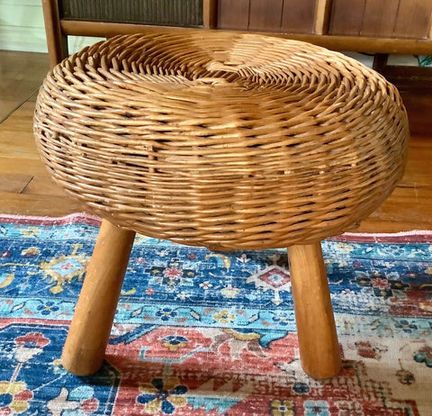 Mid-Century Tony Paul Attr. Wicker Rattan Tripod Footstool Ottoman Stand Stool