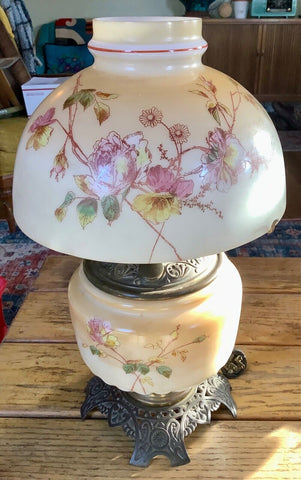 Antique the E.m. solar Co. GWTW hand painted oil  lamp base and shade floral