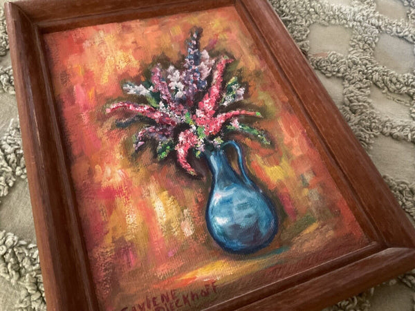 SM VTG Oil Painting Flowers floral in Blue Art Pottery Vase wood Frame signed