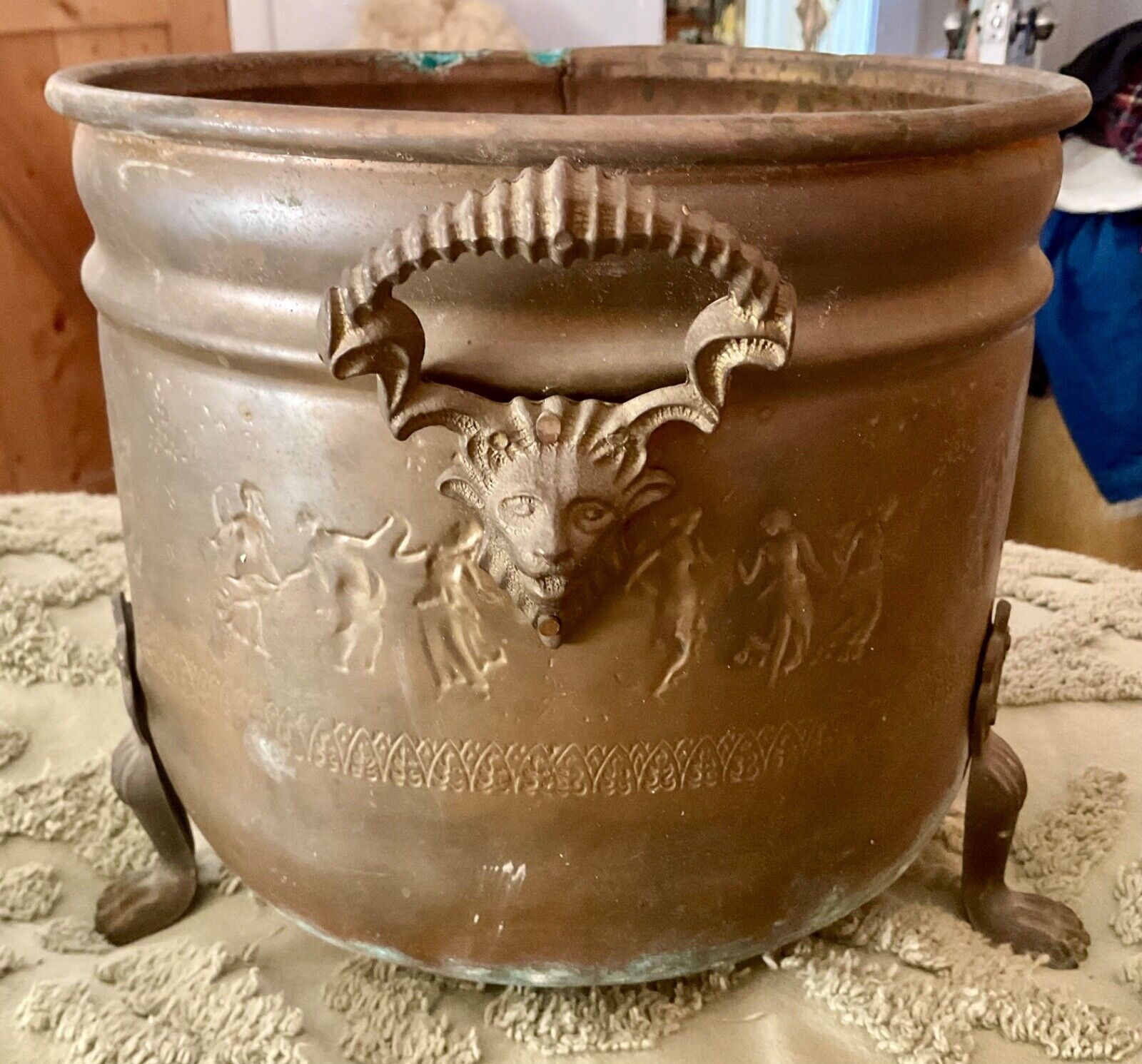 Copper Brass Planter Urn Figural Goat Handles Nymphs Fairies Flower lion feet