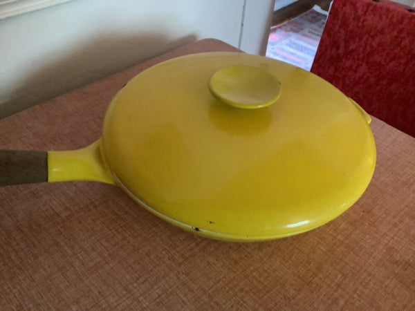 Vintage Copco Michael LAX Yellow Enamel Cast Iron Wood Handle 10" Frying Pan