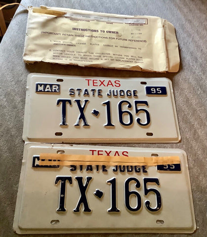 Vtg 1995 Texas STATE U.S. official JUDGE license plates TX 165 NOS PAIR