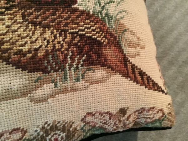 Vtg Pheasant Needlepoint Throw sofa couch pillow  Decorative Cushion tapestry