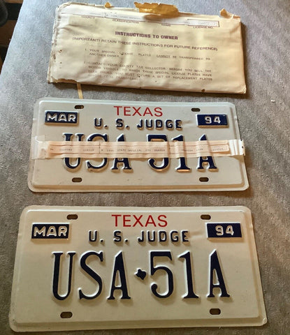 Vtg 1994 Texas STATE U.S. official JUDGE license plates USA 51A NOS PAIR