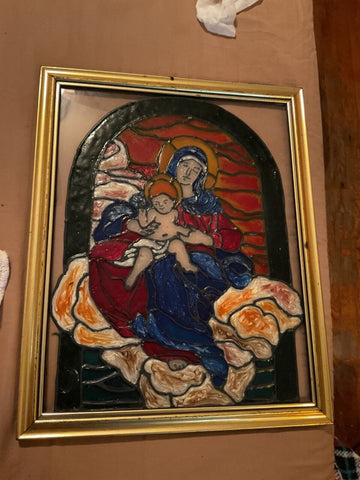 Vintage stained glass acrylic window gold frame Virgin Mary Jesus sun catcher