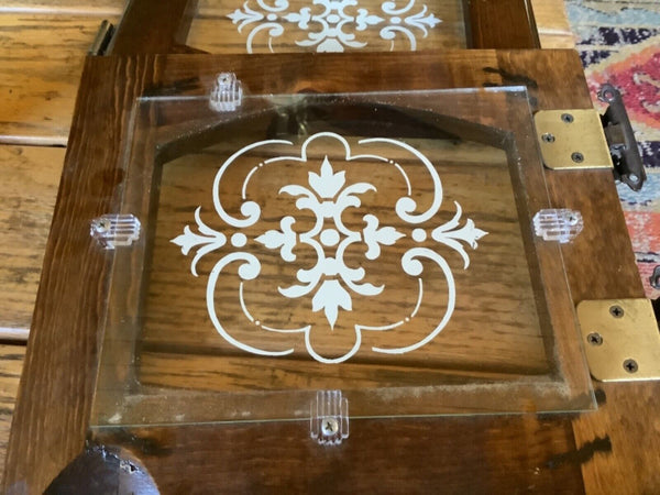 Pair Antique Wood glass etched Cabinet Cupboard Doors Vintage