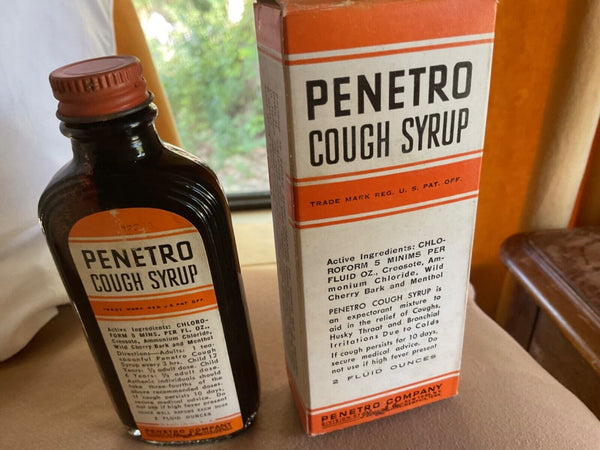 VINTAGE PENETRO  COUGH SYRUP glass medicine BOTTLE in box