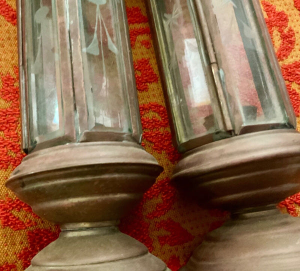 Pair Of Vintage Brass Etched Glass Candle holder Lanterns railroad