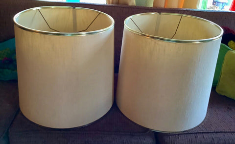 Vtg pair Drum Barrel Lamp Shades nubby Textured Tan Beige gold Trim mid century