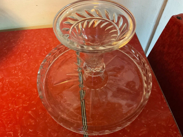 Vintage Heavy Glass crystal  Round Pedestal Cake Plate Stand W/Rum Well