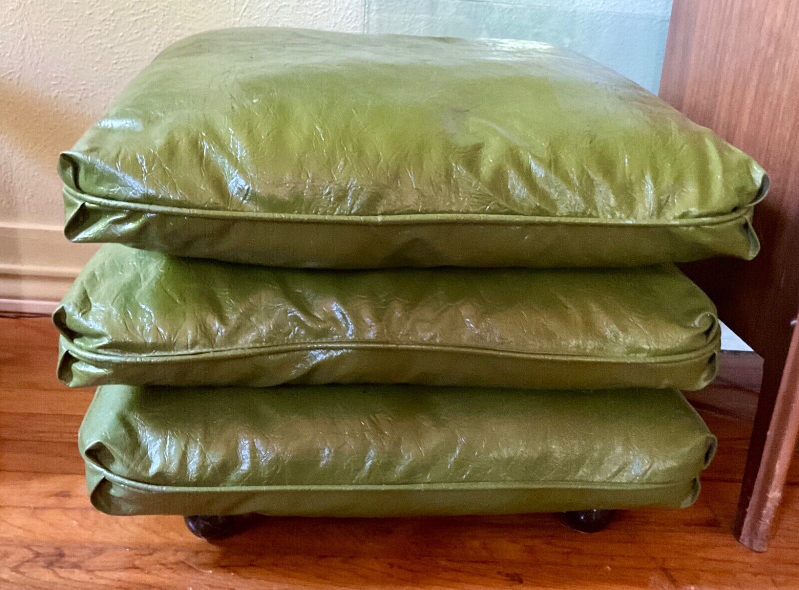 Vtg MCM STACKing 3 CUSHIONS ROLLING green FOOTSTOOL OTTOMAN mid century stool