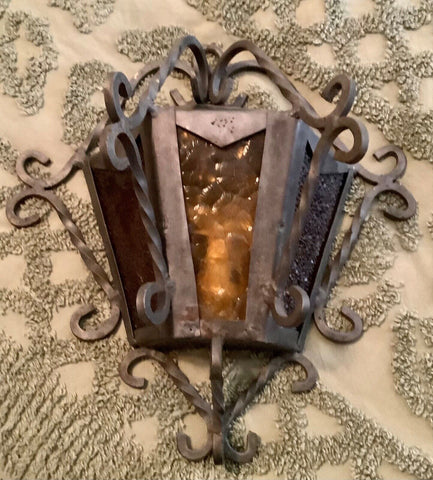 Vtg iron Spanish Wall Mount Lantern Amber Stained glass  Light porch lamp Sconce
