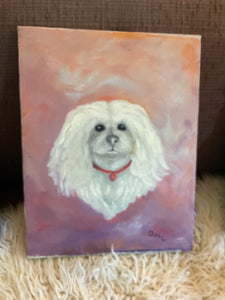 Vintage pink white poodle  Dog Oil Painting  Vintage Signed