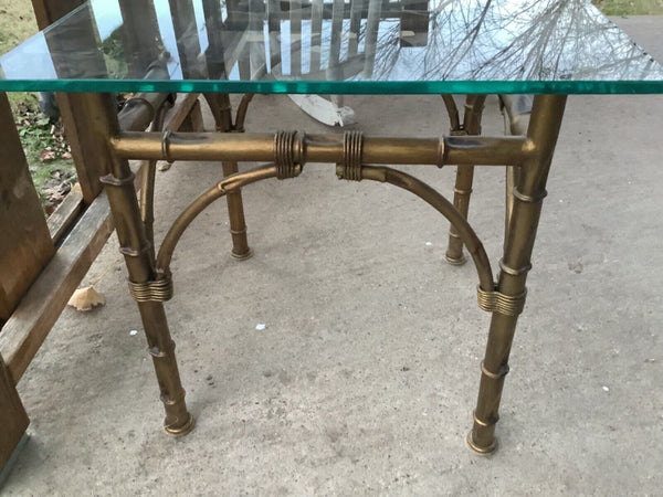 Vtg Hollywood Regency Square Faux Bamboo Gold Metal Glass Accent Side End Table