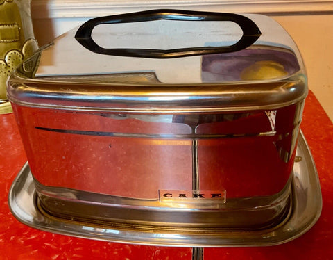 Vintage Lincoln Beautyware Stainless Cake Plate/Carrier Square Lock Lid & Handle