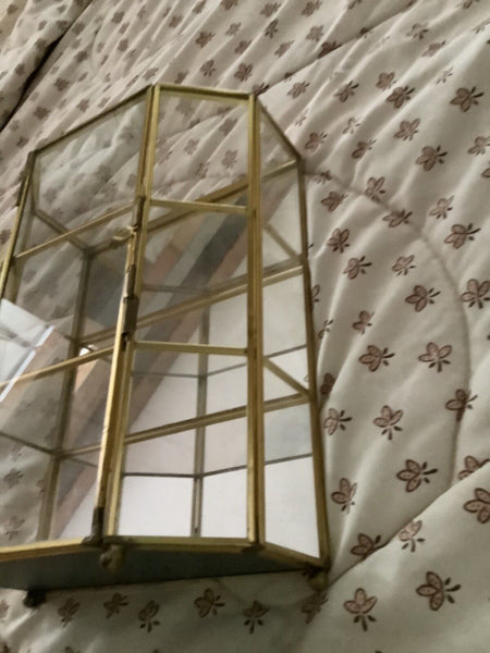 Vintage Glass Brass Mirrored Curio Cabinet 3 Shelf w/ Door Hollywood Regency