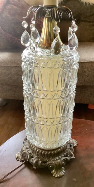 Vtg mid century Crystal cut glass Cylinder Table desk Lamp Hollywood Regency