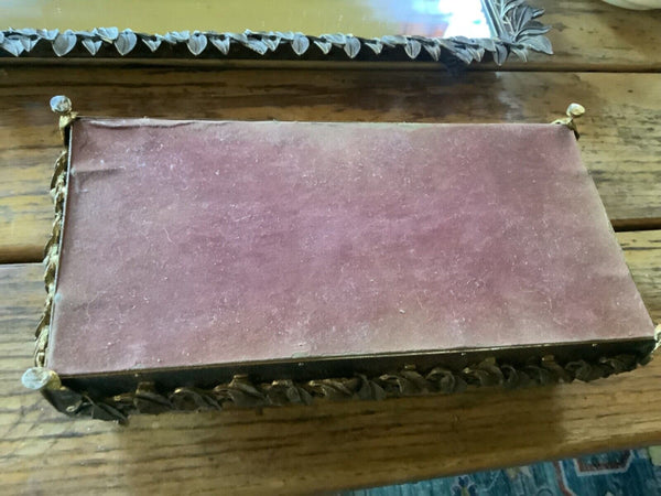 Vtg leaf Brass Mirror Vanity Dresser Table Top Footed Tray  with Kleenex box