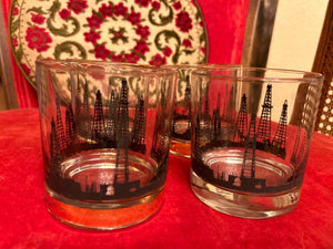 Oil Derrick Rig Black & 22K Gold Whiskey Rocks Lowball Glasses MCM Barware vtg