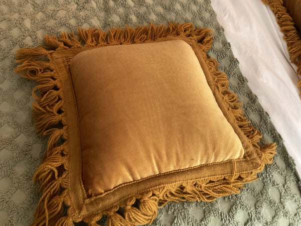 2 Vintage Gold Velvet Throw Pillow fringe  tassels Trim 16 by 16