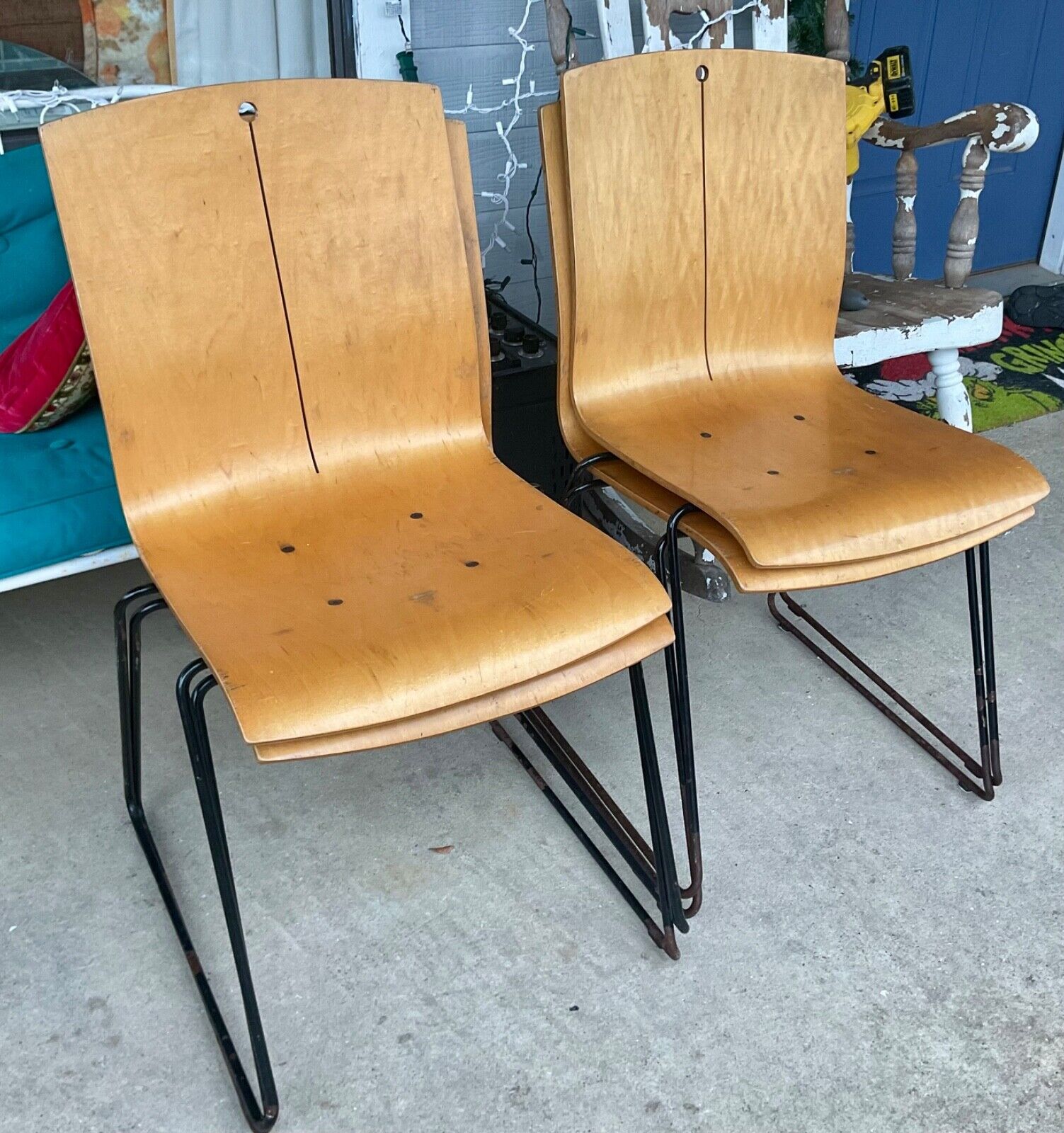 Vtg 4 Eames Dining Chairs Molded Plywood bent wood mcm mid century stacking