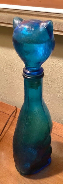 Vintage 1970s Italian EMPOLI 14.5" CAT Cobalt Blue Glass Decanter Bottle - EXC!