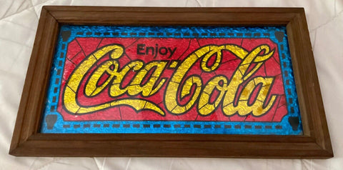 Vtg Coca-Cola coke soda  Foil Sign Wooden wood Frame Advertisement stained glass